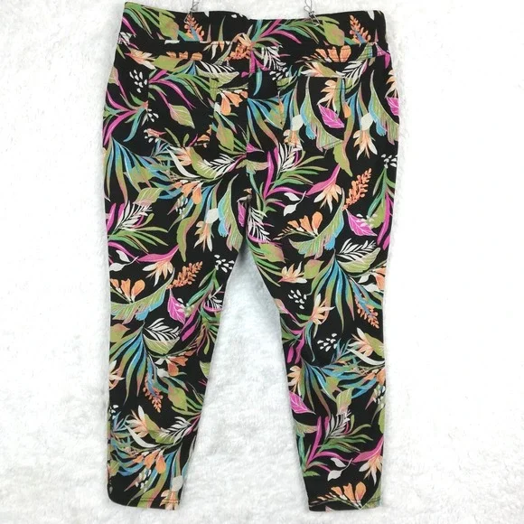 Terra & Sky Womens Pants Skinny Legging Crop Black‎ Tropical Pull On Plus 3X 24W - Picture 2 of 9